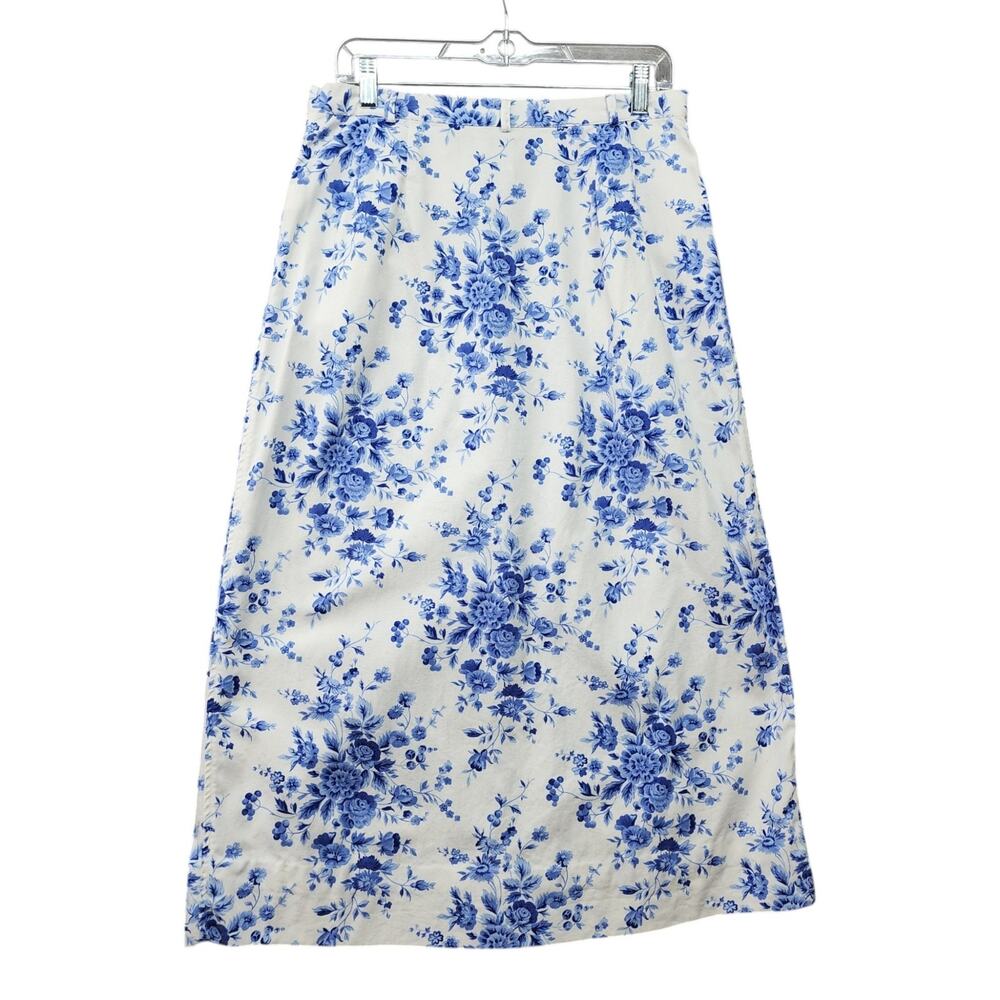 Liz Claiborne Crazy Horse Skirt 12 Blue White Floral Cottagecore Midi Pockets - Picture 3 of 11
